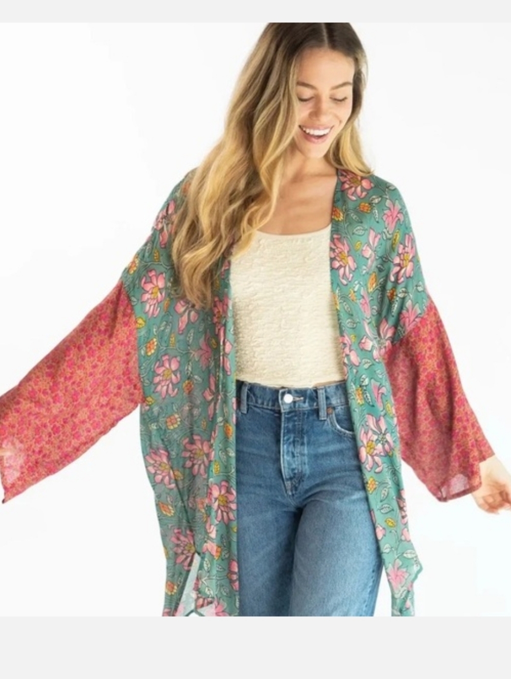 Natural Life Sierra Mixed Print Kimono In Pink Lily Size L/XL